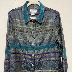 Ornate fabric Coldwater Creek jacket, teal tapestry fabric, size:  M